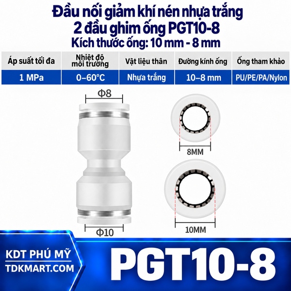 Đầu nối giảm khí nén nhựa trắng 2 đầu ghim ống 10-8 mm