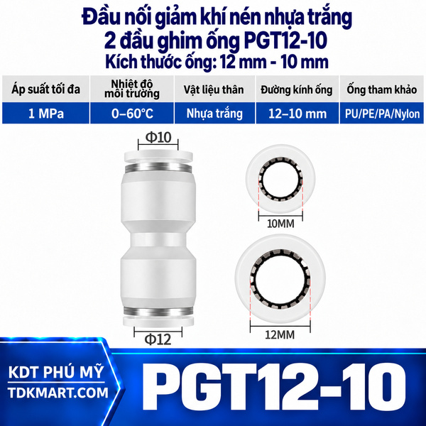 Đầu nối giảm khí nén nhựa trắng 2 đầu ghim ống 12-10 mm
