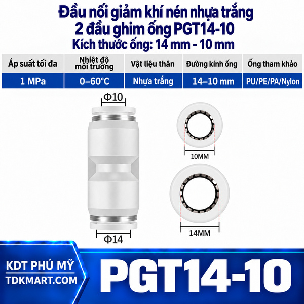 Đầu nối giảm khí nén nhựa trắng 2 đầu ghim ống 14-10 mm