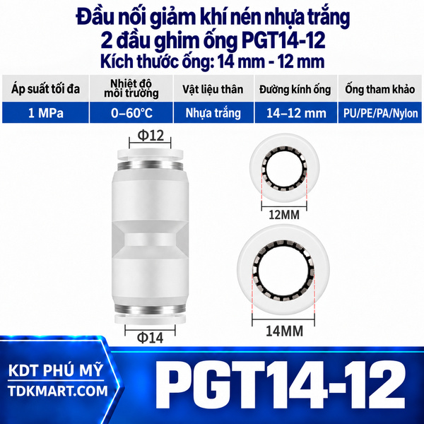 Đầu nối giảm khí nén nhựa trắng 2 đầu ghim ống 14-12 mm