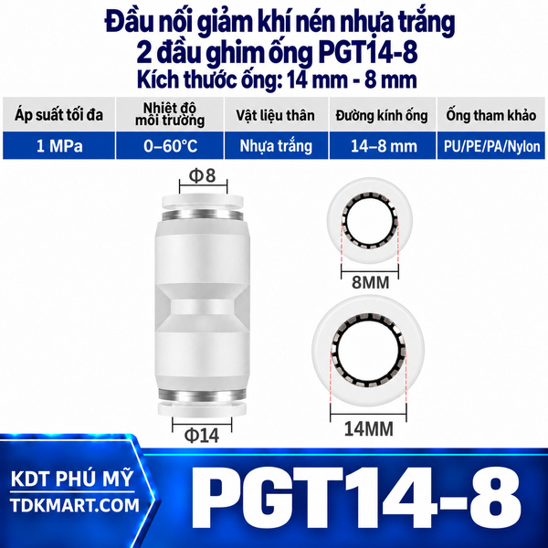 Đầu nối giảm khí nén nhựa trắng 2 đầu ghim ống 14-8 mm