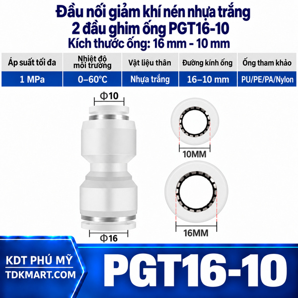 Đầu nối giảm khí nén nhựa trắng 2 đầu ghim ống 16-10 mm