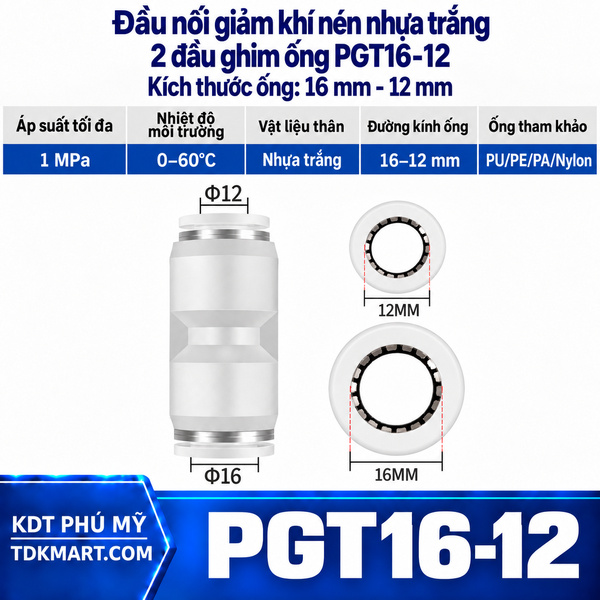 Đầu nối giảm khí nén nhựa trắng 2 đầu ghim ống 16-12 mm