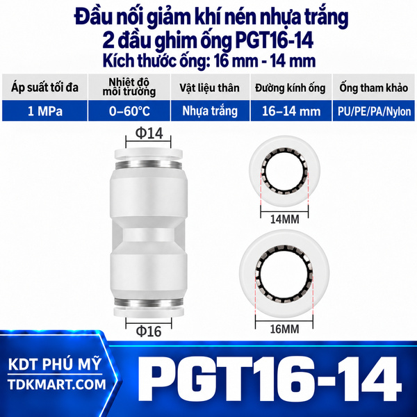 Đầu nối giảm khí nén nhựa trắng 2 đầu ghim ống 16-14 mm