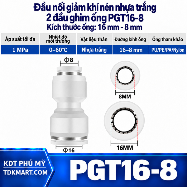 Đầu nối giảm khí nén nhựa trắng 2 đầu ghim ống 16-8 mm