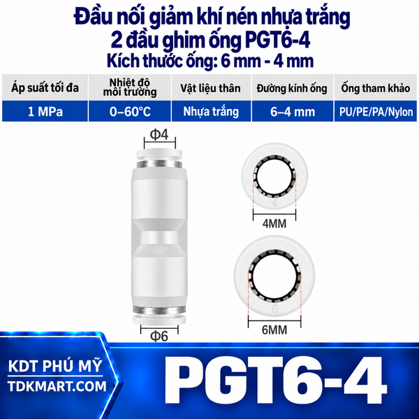 Đầu nối giảm khí nén nhựa trắng 2 đầu ghim ống 6-4 mm