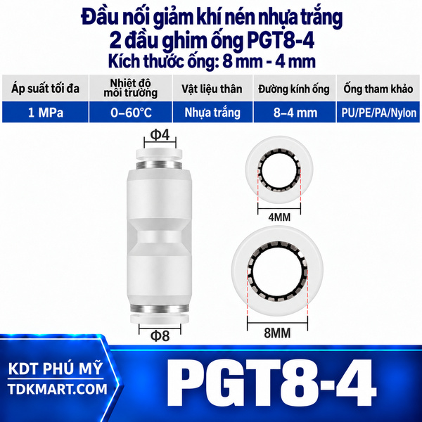 Đầu nối giảm khí nén nhựa trắng 2 đầu ghim ống 8-4 mm