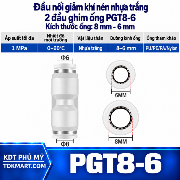 Đầu nối giảm khí nén nhựa trắng 2 đầu ghim ống 8-6 mm