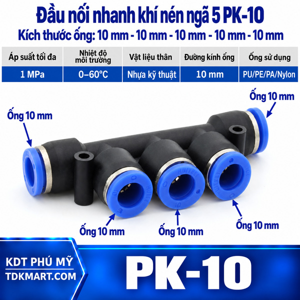 Đầu nối nhanh khí nén ngã 5 có 5 đầu ghim ống 10 mm
