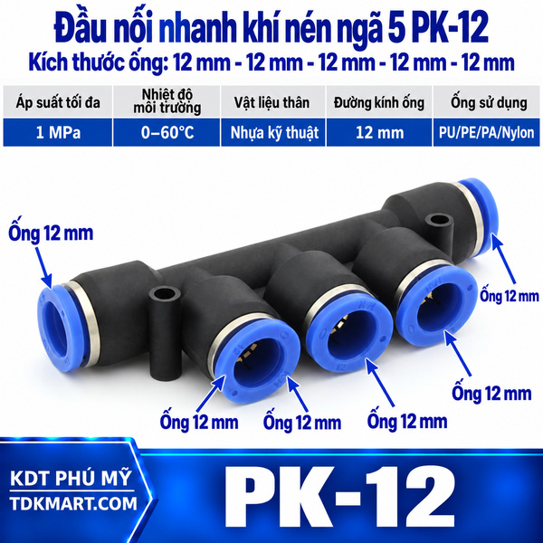 Đầu nối nhanh khí nén ngã 5 có 5 đầu ghim ống 12 mm