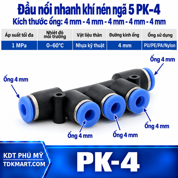 Đầu nối nhanh khí nén ngã 5 có 5 đầu ghim ống 4 mm