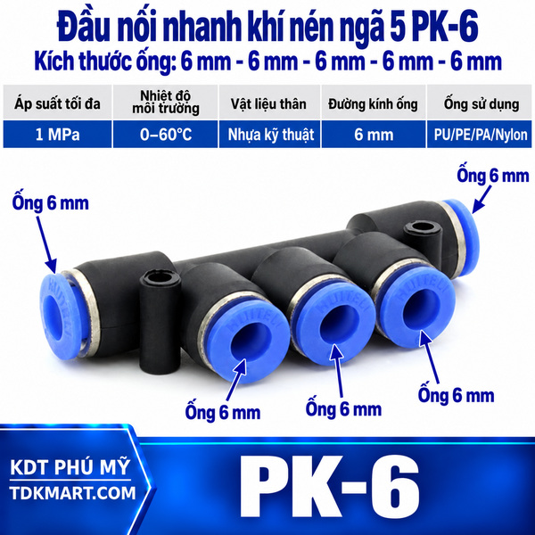 Đầu nối nhanh khí nén ngã 5 có 5 đầu ghim ống 6 mm