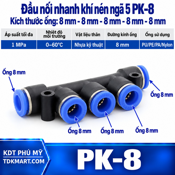 Đầu nối nhanh khí nén ngã 5 có 5 đầu ghim ống 8 mm