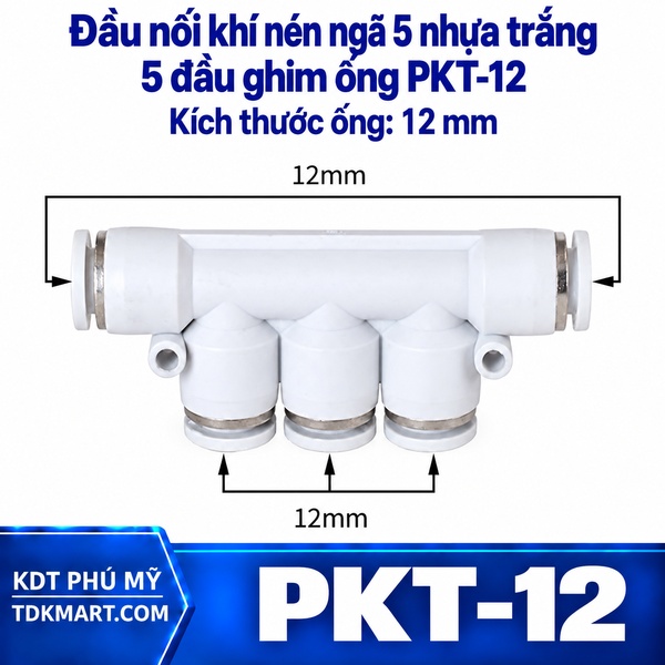 Đầu nối khí nén ngã 5 nhựa trắng 5 đầu ghim ống 12 mm