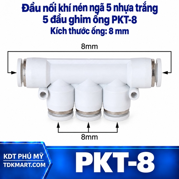 Đầu nối khí nén ngã 5 nhựa trắng 5 đầu ghim ống 8 mm