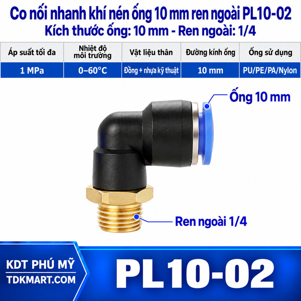 Co nối nhanh khí nén 1 đầu ghim ống 10 mm và 1 đầu ren ngoài 1/4
