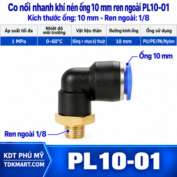 Co nối nhanh khí nén 1 đầu ghim ống 10 mm và 1 đầu ren ngoài 1/8