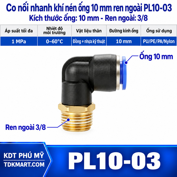 Co nối nhanh khí nén 1 đầu ghim ống 10 mm và 1 đầu ren ngoài 3/8