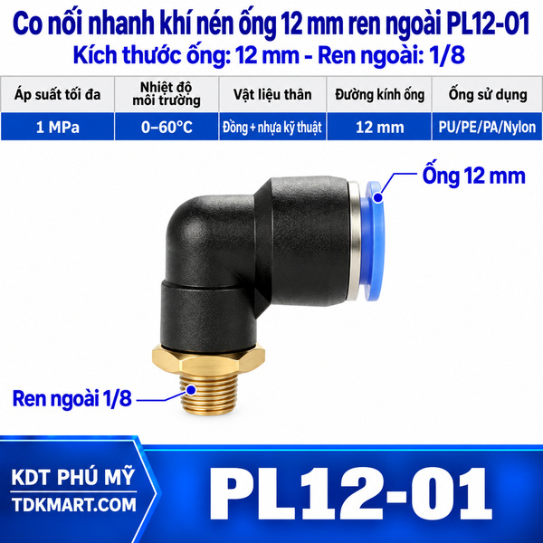 Co nối nhanh khí nén 1 đầu ghim ống 12 mm và 1 đầu ren ngoài 1/8
