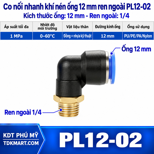 Co nối nhanh khí nén 1 đầu ghim ống 12 mm và 1 đầu ren ngoài 1/4