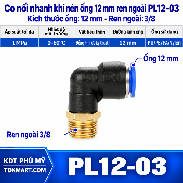 Co nối nhanh khí nén 1 đầu ghim ống 12 mm và 1 đầu ren ngoài 3/8