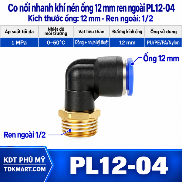 Co nối nhanh khí nén 1 đầu ghim ống 12 mm và 1 đầu ren ngoài 1/2