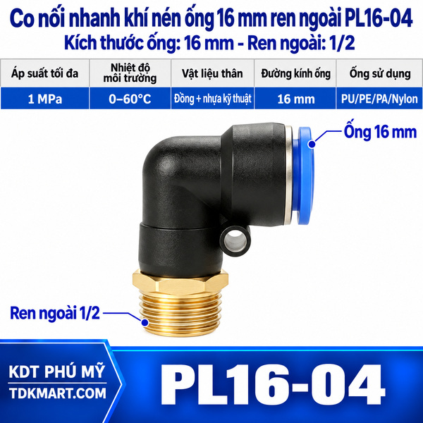 Co nối nhanh khí nén 1 đầu ghim ống 16 mm và 1 đầu ren ngoài 1/2