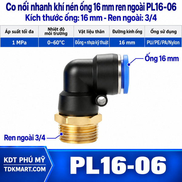 Co nối nhanh khí nén 1 đầu ghim ống 16 mm và 1 đầu ren ngoài 3/4