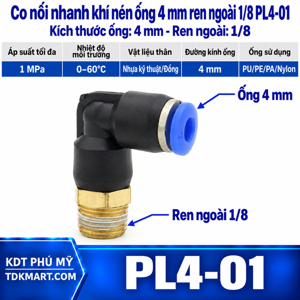 Co nối nhanh khí nén 1 đầu ghim ống 4 mm và 1 đầu ren ngoài 1/8