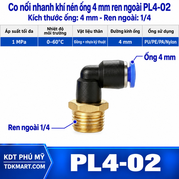 Co nối nhanh khí nén 1 đầu ghim ống 4 mm và 1 đầu ren ngoài 1/4