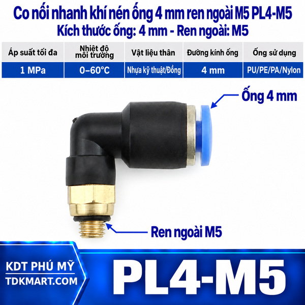 Co nối nhanh khí nén 1 đầu ghim ống 4 mm và 1 đầu ren ngoài M5