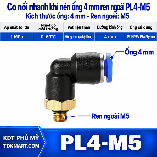 Co nối nhanh khí nén 1 đầu ghim ống 4 mm và 1 đầu ren ngoài M5