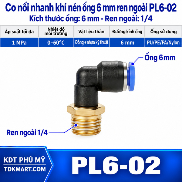 Co nối nhanh khí nén 1 đầu ghim ống 6 mm và 1 đầu ren ngoài 1/4