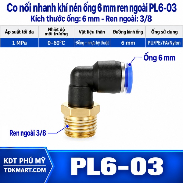 Co nối nhanh khí nén 1 đầu ghim ống 6 mm và 1 đầu ren ngoài 3/8
