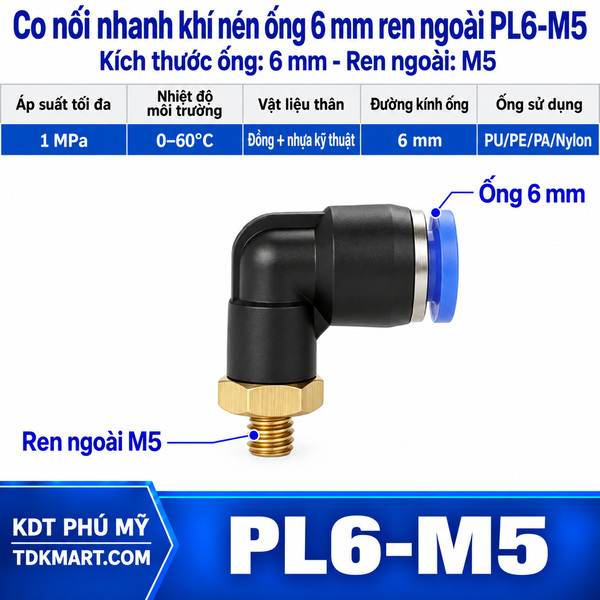 Co nối nhanh khí nén 1 đầu ghim ống 6 mm và 1 đầu ren ngoài M5