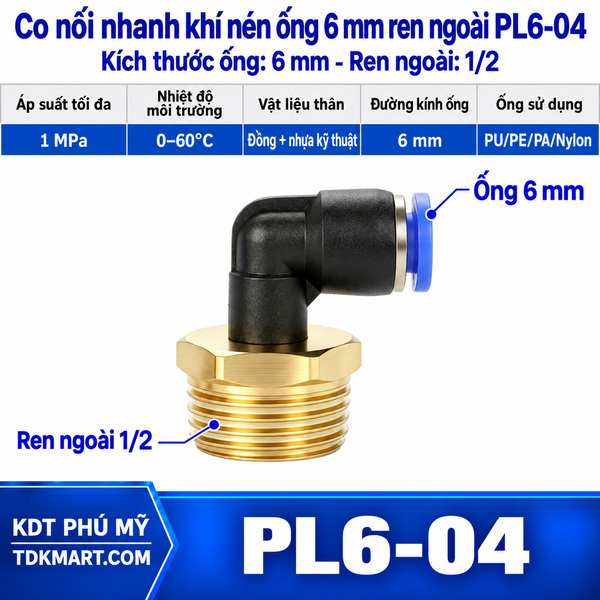 Co nối nhanh khí nén 1 đầu ghim ống 6 mm và 1 đầu ren ngoài 1/2