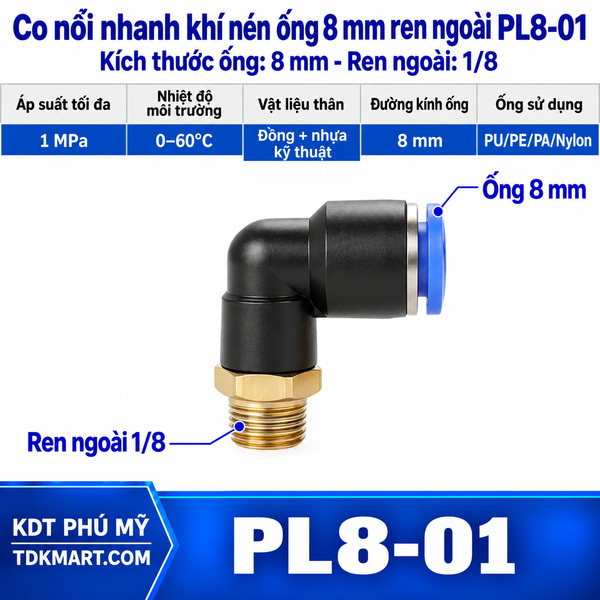 Co nối nhanh khí nén 1 đầu ghim ống 8 mm và 1 đầu ren ngoài 1/8