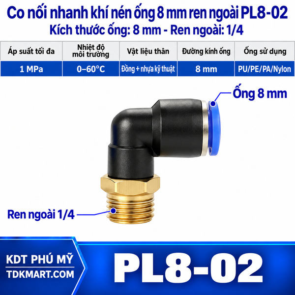 Co nối nhanh khí nén 1 đầu ghim ống 8 mm và 1 đầu ren ngoài 1/4