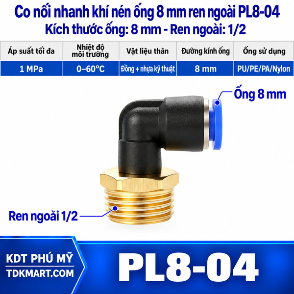 Co nối nhanh khí nén 1 đầu ghim ống 8 mm và 1 đầu ren ngoài 1/2