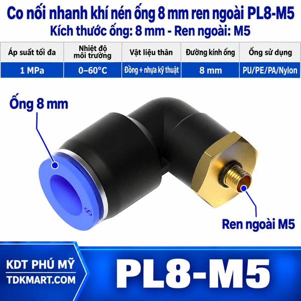 Co nối nhanh khí nén 1 đầu ghim ống 8 mm và 1 đầu ren ngoài M5