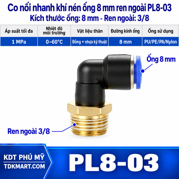 Co nối nhanh khí nén 1 đầu ghim ống 8 mm và 1 đầu ren ngoài 3/8