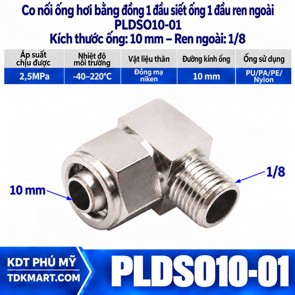Co nối ống hơi bằng đồng 1 đầu siết ống 10 mm 1 đầu ren ngoài 1/8