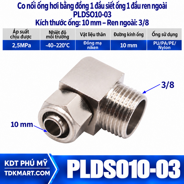 Co nối ống hơi bằng đồng 1 đầu siết ống 10 mm 1 đầu ren ngoài 3/8