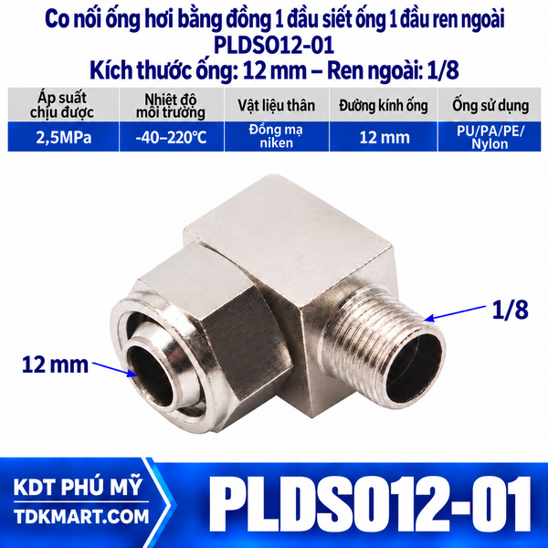 Co nối ống hơi bằng đồng 1 đầu siết ống 12 mm 1 đầu ren ngoài 1/8