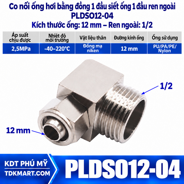 Co nối ống hơi bằng đồng 1 đầu siết ống 12 mm 1 đầu ren ngoài 1/2