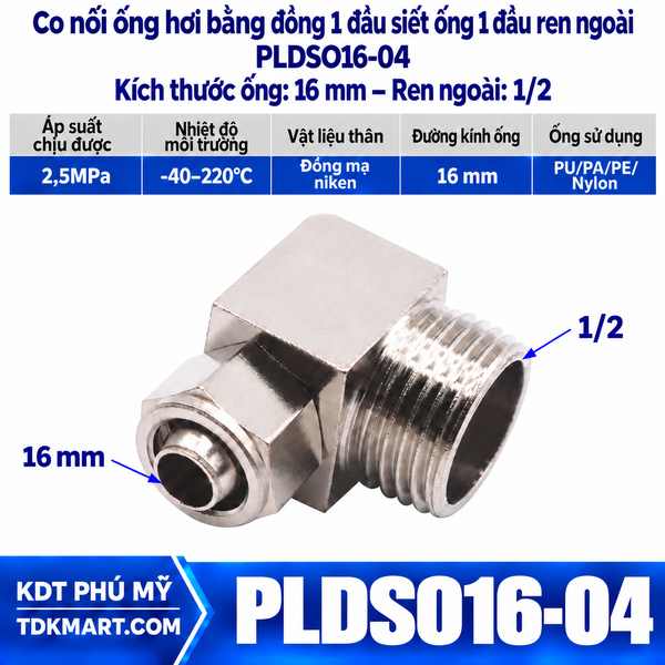 Co nối ống hơi bằng đồng 1 đầu siết ống 16 mm 1 đầu ren ngoài 1/2