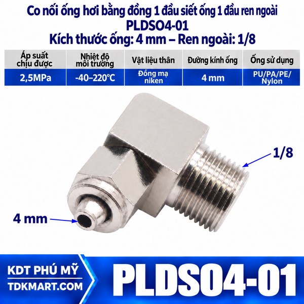 Co nối ống hơi bằng đồng 1 đầu siết ống 4 mm 1 đầu ren ngoài 1/8