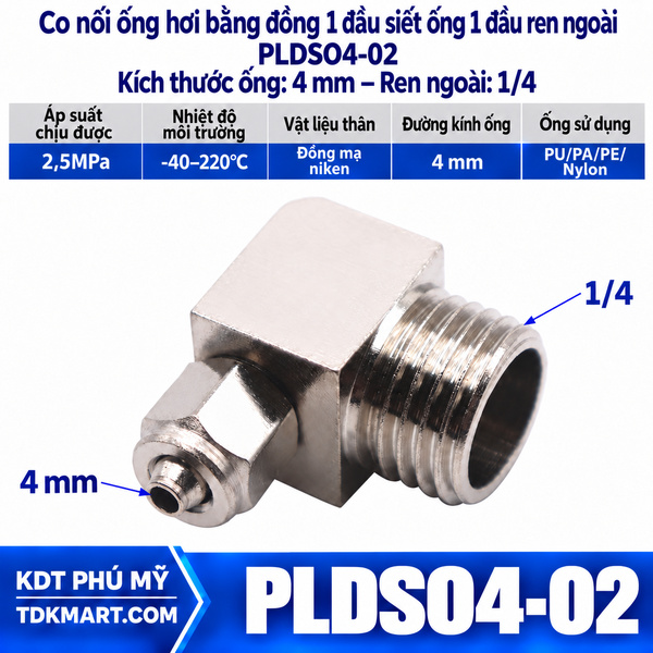 Co nối ống hơi bằng đồng 1 đầu siết ống 4 mm 1 đầu ren ngoài 1/4