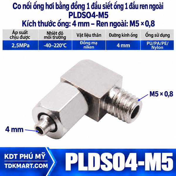 Co nối ống hơi bằng đồng 1 đầu siết ống 4 mm 1 đầu ren ngoài M5