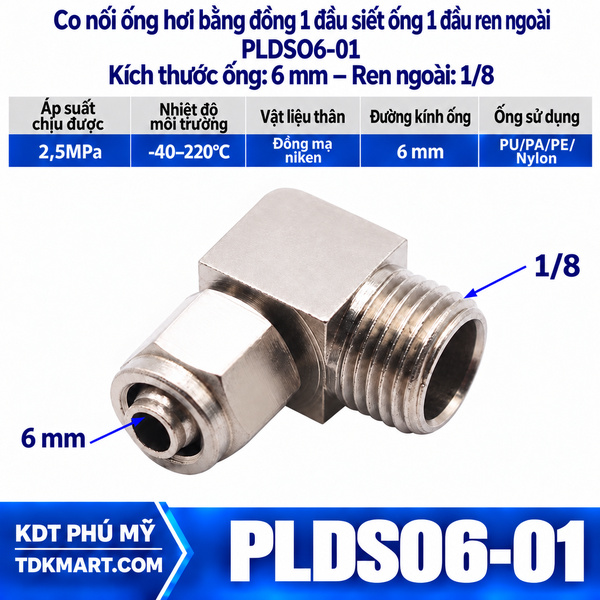 Co nối ống hơi bằng đồng 1 đầu siết ống 6 mm 1 đầu ren ngoài 1/8